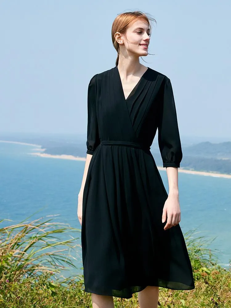 V-Neck Pleated Lace Up Wrap Midi Dress sold by Goelia