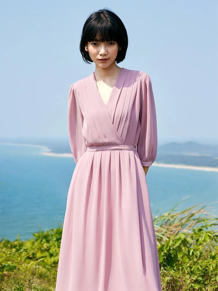 V-Neck Pleated Lace Up Wrap Midi Dress sold by Goelia product image thumbnail 2