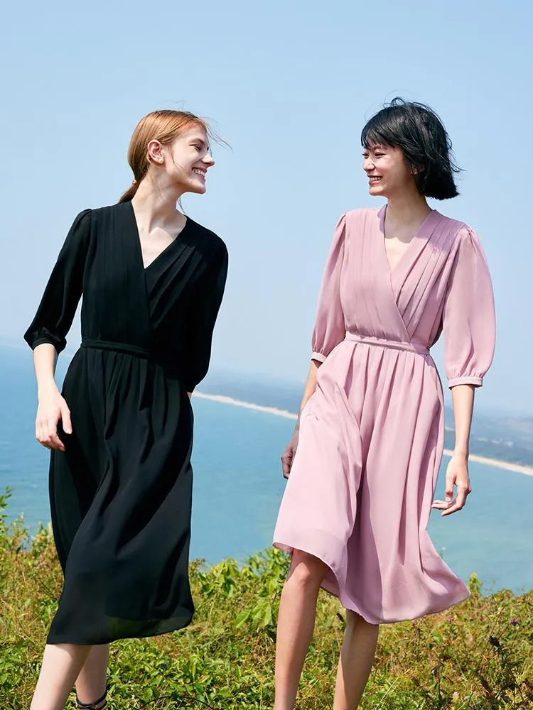 V-Neck Pleated Lace Up Wrap Midi Dress sold by Goelia product image thumbnail 3