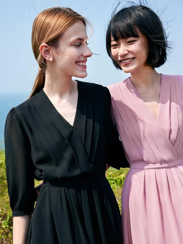 V-Neck Pleated Lace Up Wrap Midi Dress sold by Goelia product image thumbnail 4