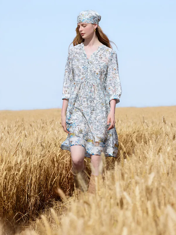 19 Momme Mulberry Silk Print Women Mini Dress With Scrunchie sold by Goelia