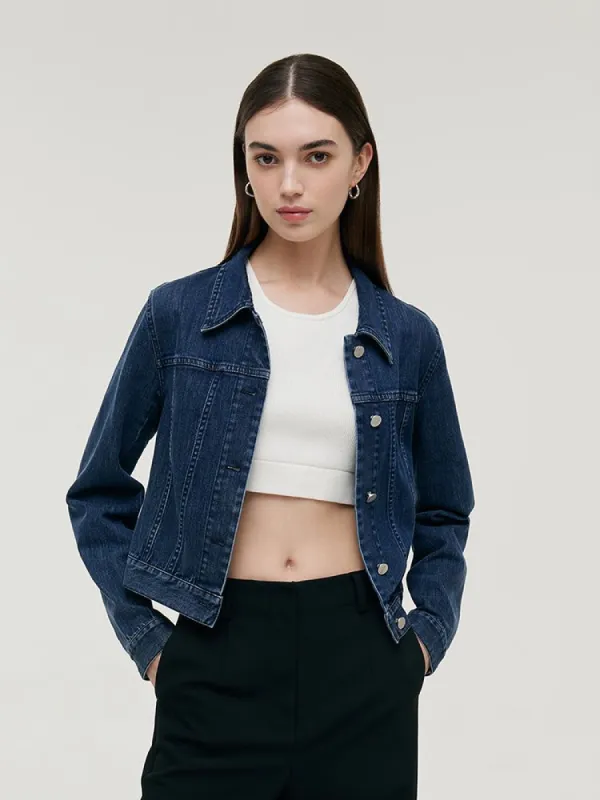 Denim Lapel Single-Breasted Women Crop Jacket sold by Goelia