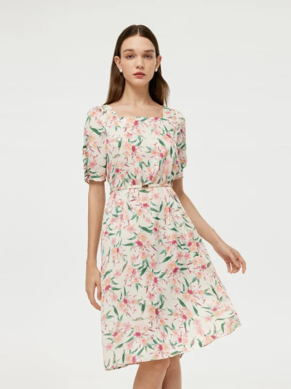 19 Momme Mulberry Silk Floral Print Women Mini Dress With Belt sold by Goelia