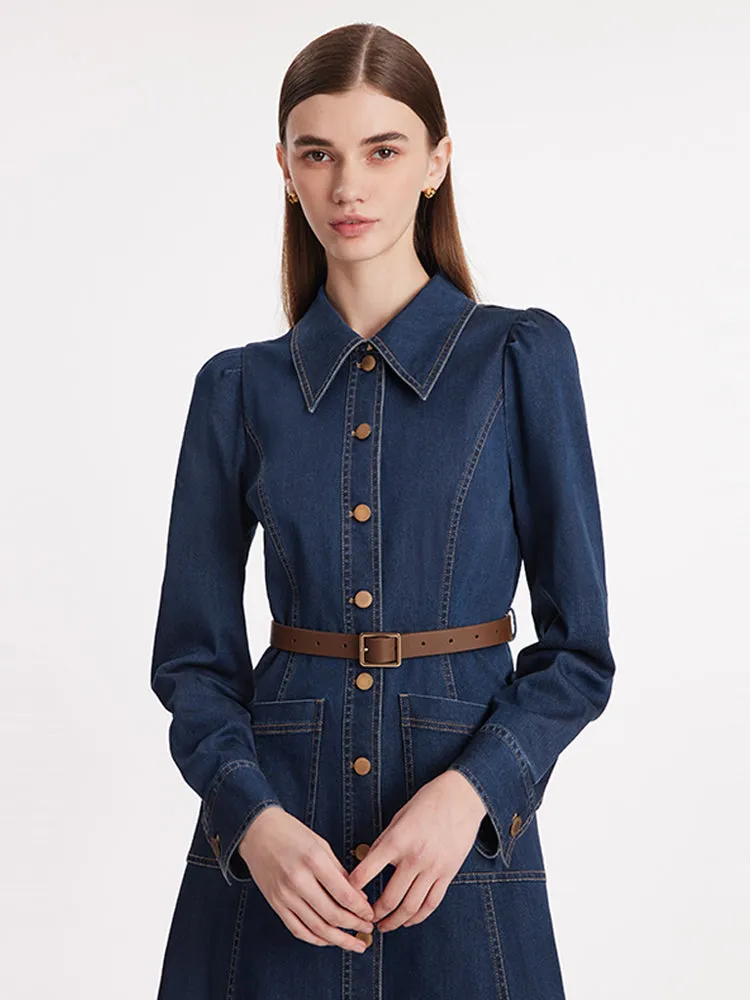Single-Breasted Lapel Women Midi Denim Dress With Belt sold by Goelia product image thumbnail 5