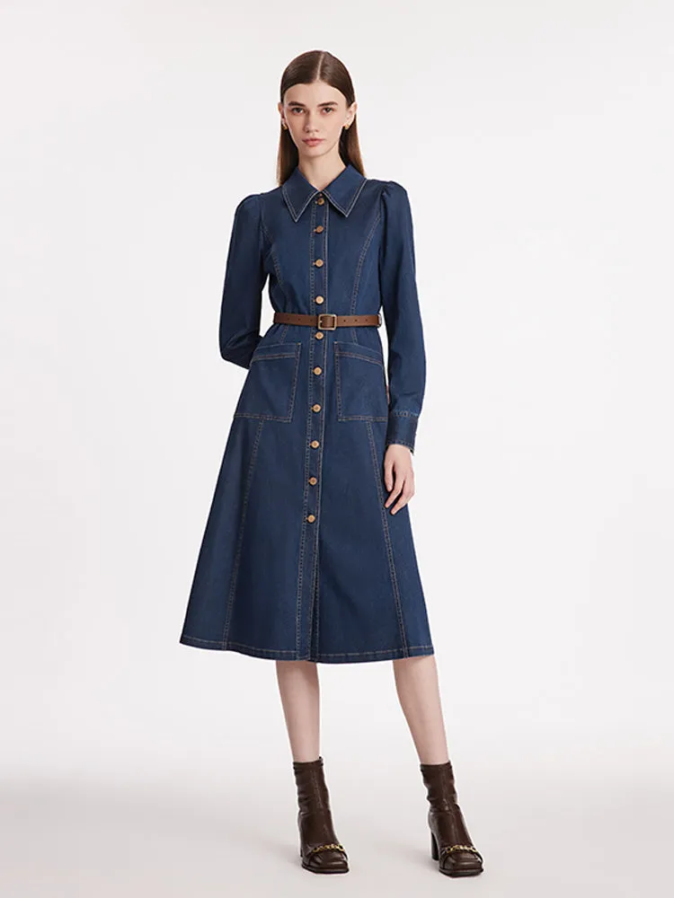 Single-Breasted Lapel Women Midi Denim Dress With Belt sold by Goelia product image thumbnail 2
