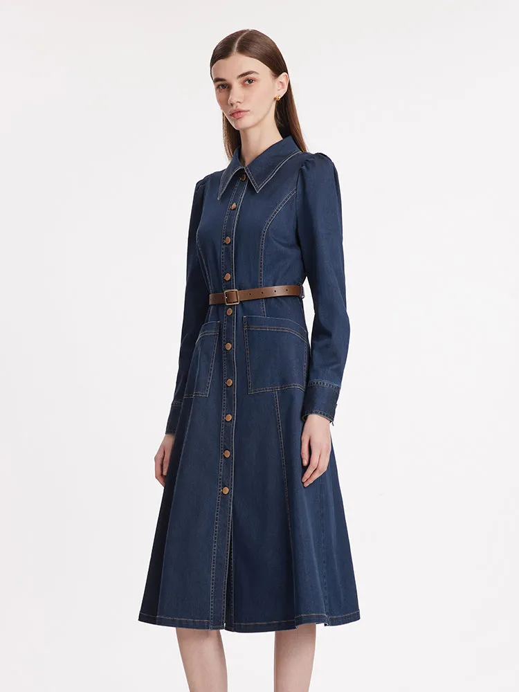 Single-Breasted Lapel Women Midi Denim Dress With Belt sold by Goelia product image thumbnail 4