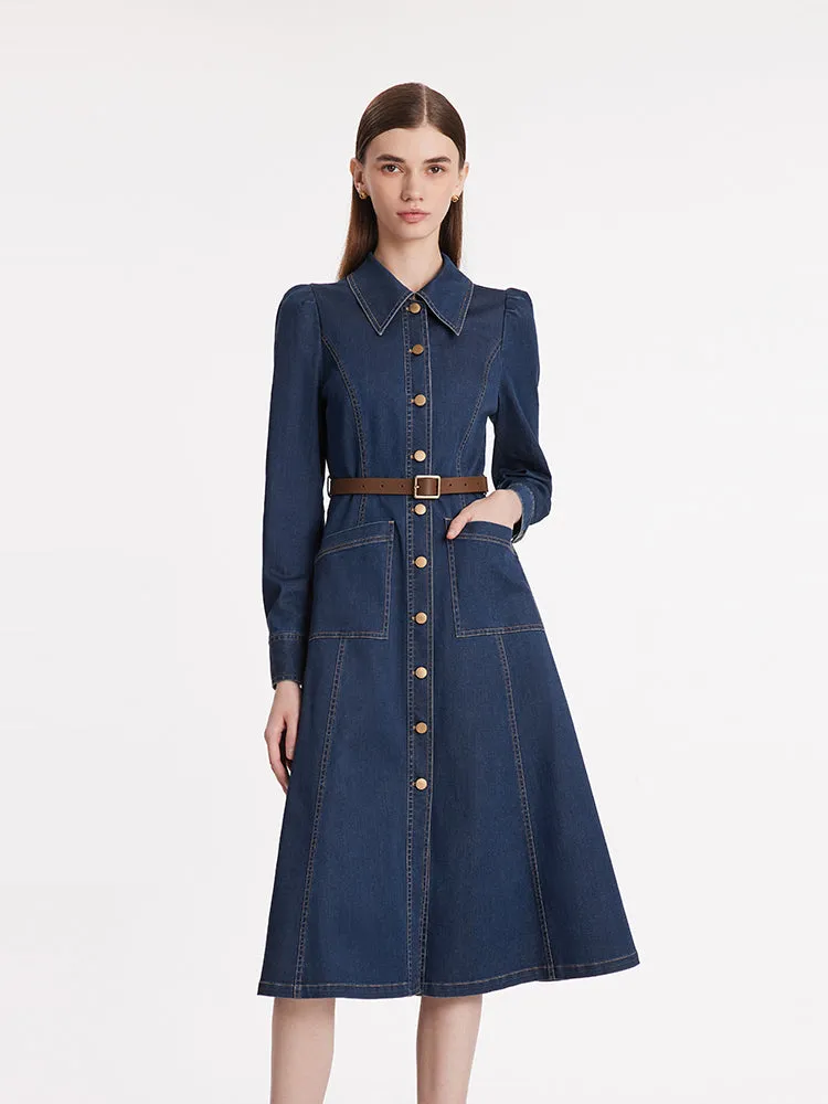 Single-Breasted Lapel Women Midi Denim Dress With Belt sold by Goelia