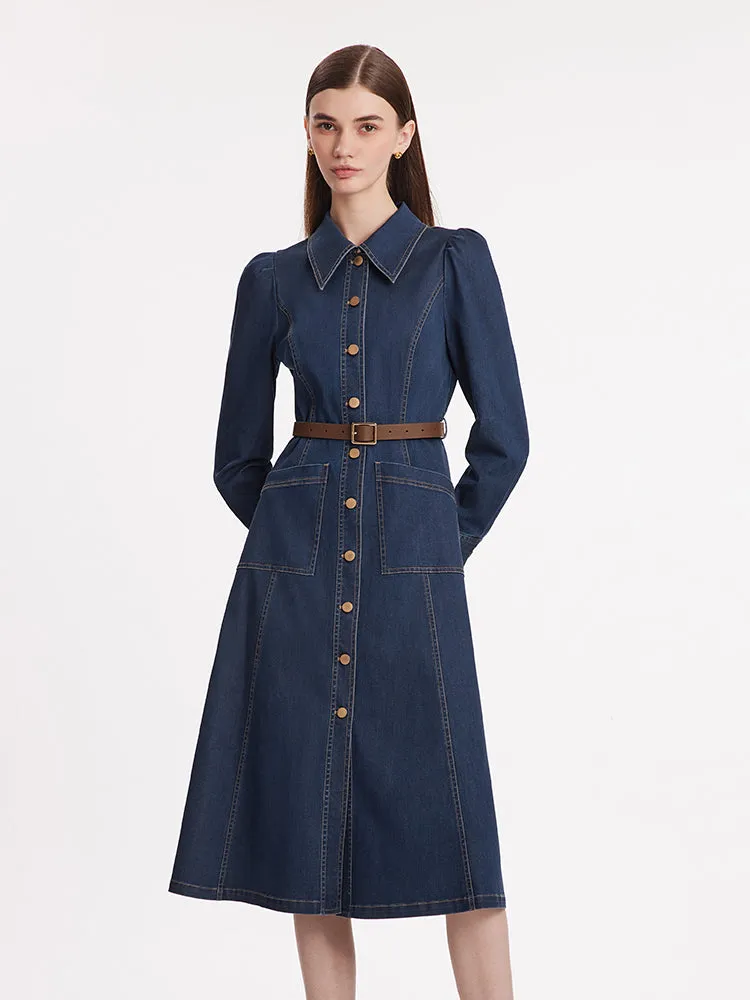 Single-Breasted Lapel Women Midi Denim Dress With Belt sold by Goelia product image thumbnail 3