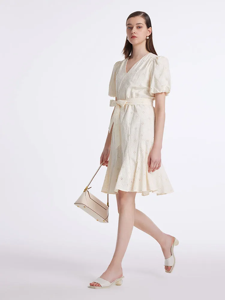 Puff Sleeves Ruffle Embroidered Women Mini Dress With Belt sold by Goelia product image thumbnail 5