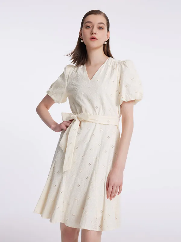 Puff Sleeves Ruffle Embroidered Women Mini Dress With Belt sold by Goelia