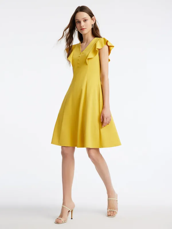 Yellow V-Neck Ruffle Sleeve Mini Dress sold by Goelia