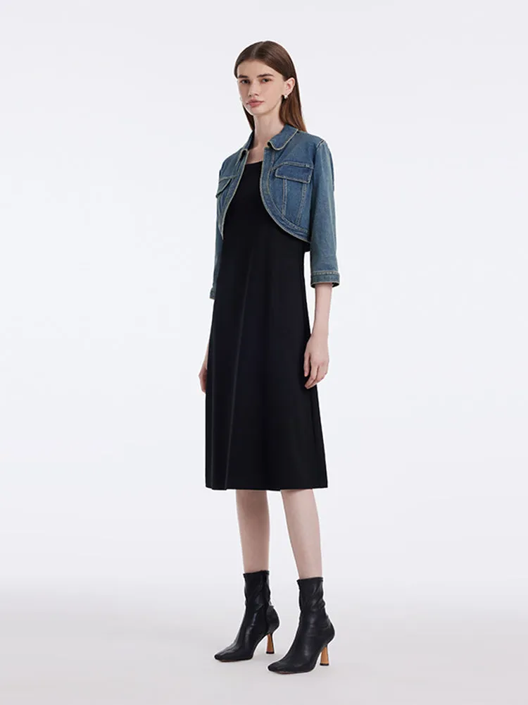 Denim Crop Jacket And Knitted Vest Dress Two-Piece Set sold by Goelia product image thumbnail 2