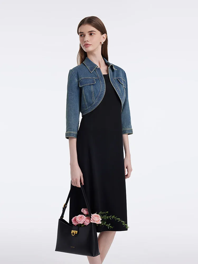 Denim Crop Jacket And Knitted Vest Dress Two-Piece Set sold by Goelia product image thumbnail 5