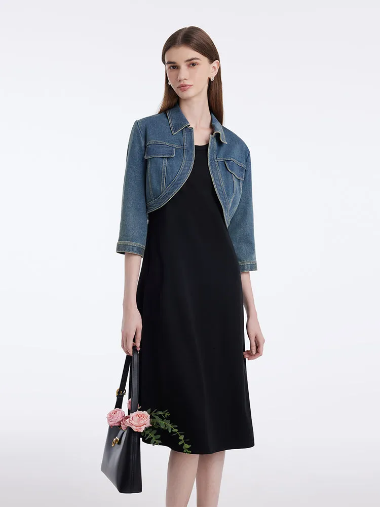 Denim Crop Jacket And Knitted Vest Dress Two-Piece Set sold by Goelia
