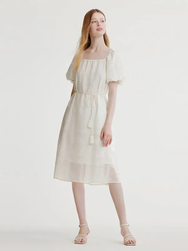 Square Neck Embroidered Midi Dress With Belt sold by Goelia