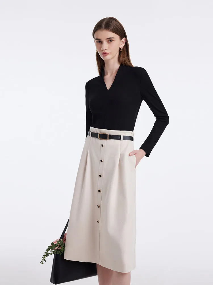 V-Neck Slim Knit Top And Half Skirt Vintage Two-Piece Set With Leather Belt sold by Goelia