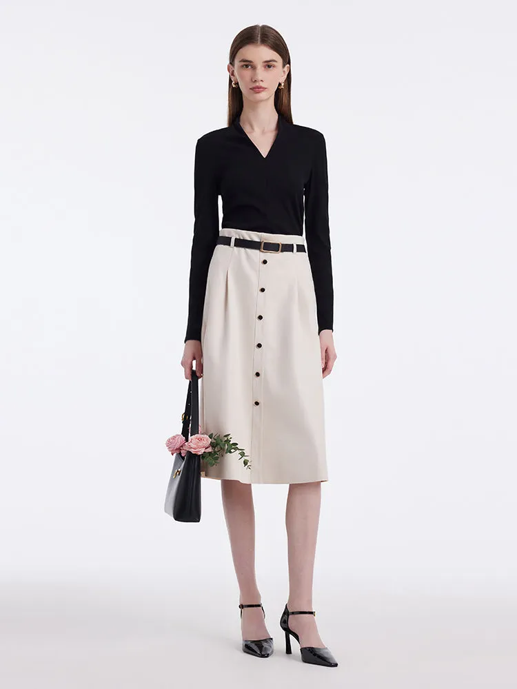 V-Neck Slim Knit Top And Half Skirt Vintage Two-Piece Set With Leather Belt sold by Goelia product image thumbnail 2