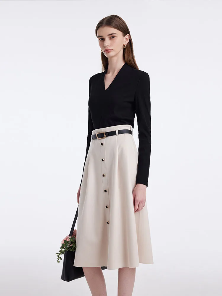 V-Neck Slim Knit Top And Half Skirt Vintage Two-Piece Set With Leather Belt sold by Goelia product image thumbnail 3