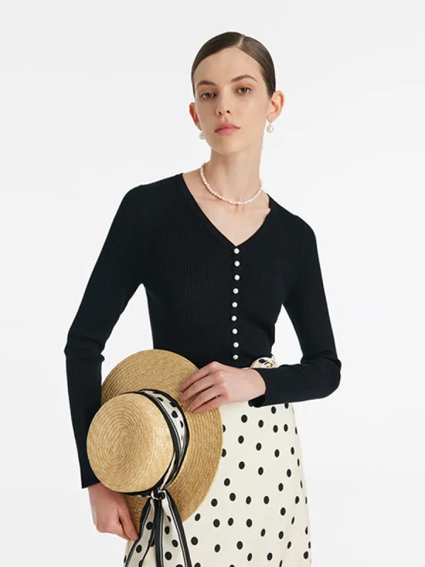 Pure Washable Wool V-Neck Women Knit Top sold by Goelia