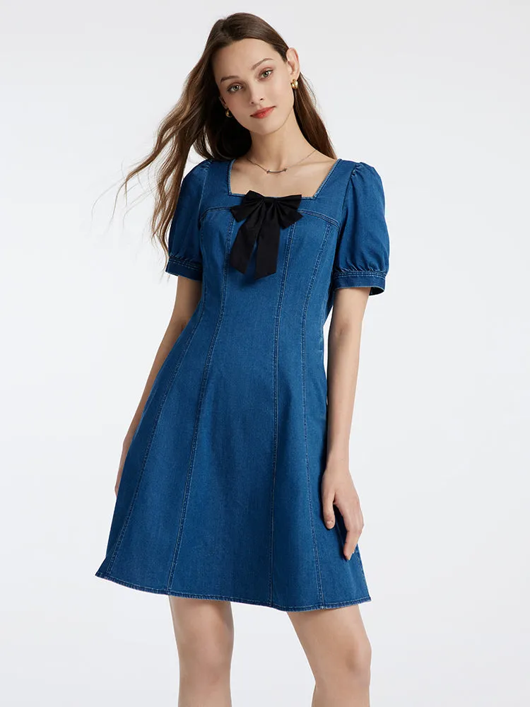 Denim Mini Dress With Removable Bowknot sold by Goelia