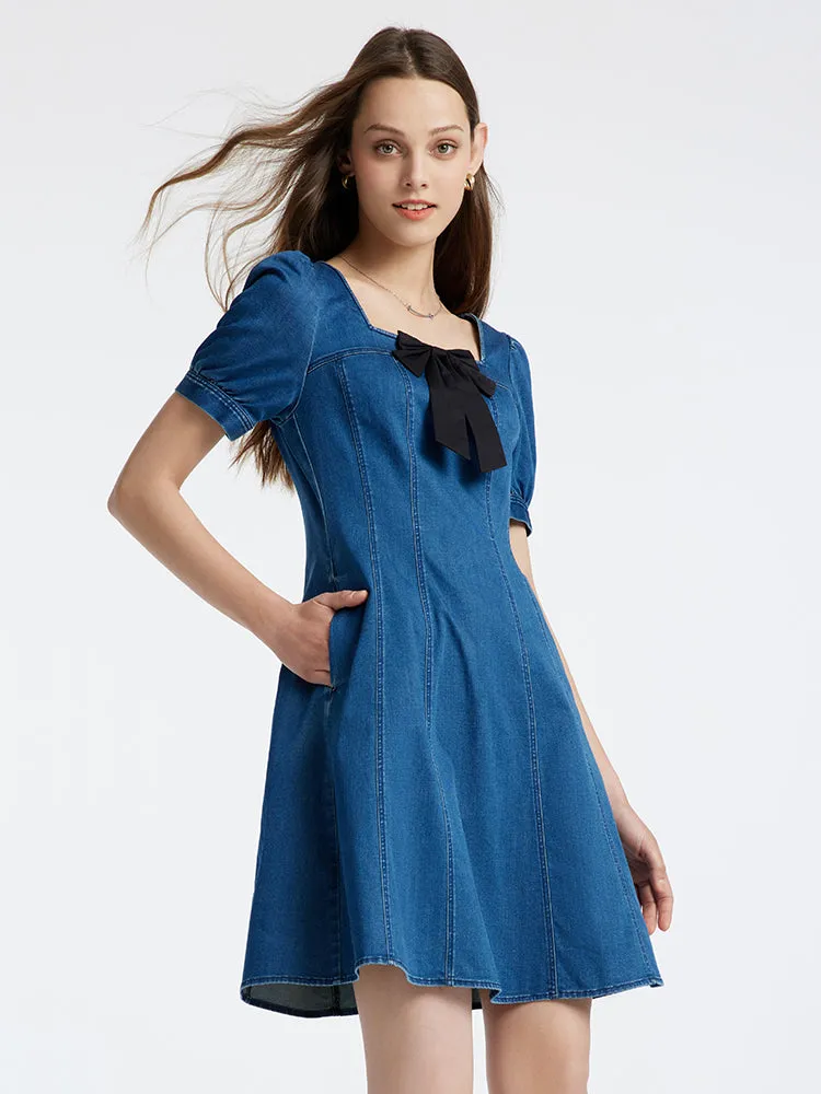 Denim Mini Dress With Removable Bowknot sold by Goelia product image thumbnail 3