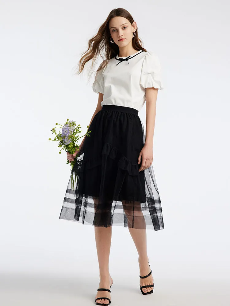 Puff Sleeve T-shirt And Mesh Skirt Two-Piece Set sold by Goelia