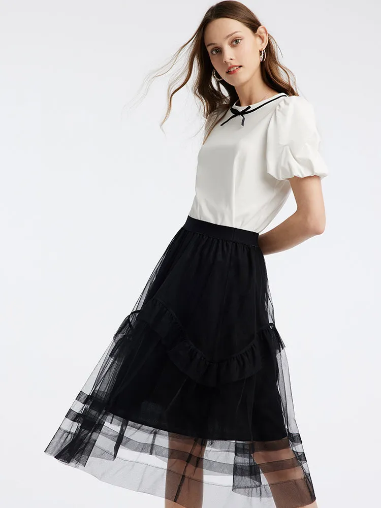 Puff Sleeve T-shirt And Mesh Skirt Two-Piece Set sold by Goelia product image thumbnail 3
