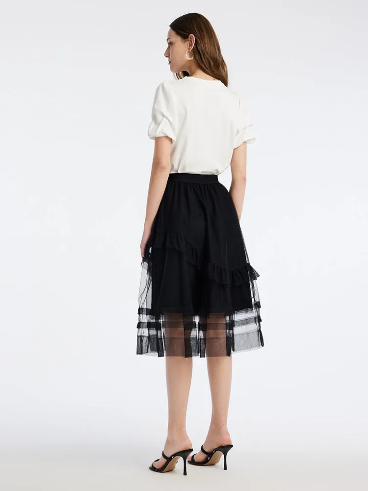 Puff Sleeve T-shirt And Mesh Skirt Two-Piece Set sold by Goelia product image thumbnail 2