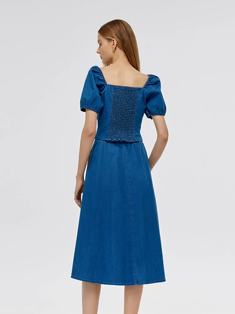 Denim Puff Sleeves Top And A-Line Skirt Two-Piece Set sold by Goelia product image thumbnail 3