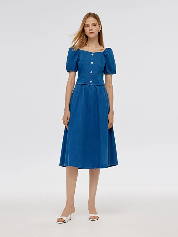 Denim Puff Sleeves Top And A-Line Skirt Two-Piece Set sold by Goelia product image thumbnail 2