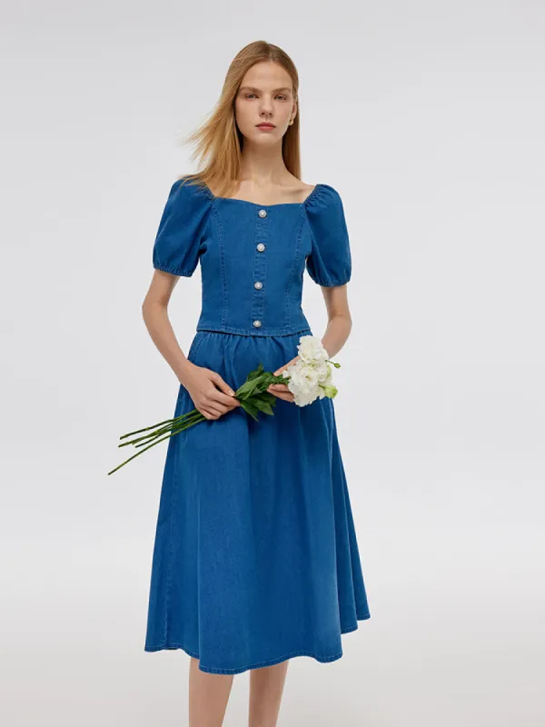 Denim Puff Sleeves Top And A-Line Skirt Two-Piece Set sold by Goelia