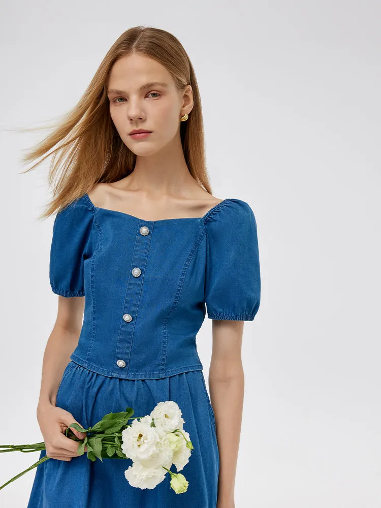 Denim Puff Sleeves Top And A-Line Skirt Two-Piece Set sold by Goelia product image thumbnail 4
