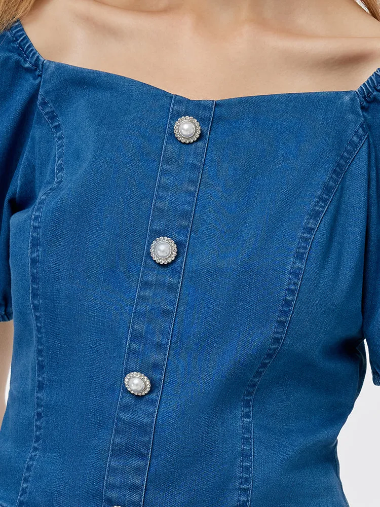 Denim Puff Sleeves Top And A-Line Skirt Two-Piece Set sold by Goelia product image thumbnail 5