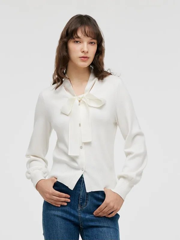 Tencel Wool Bow Tie Neck Women Cardigan sold by Goelia