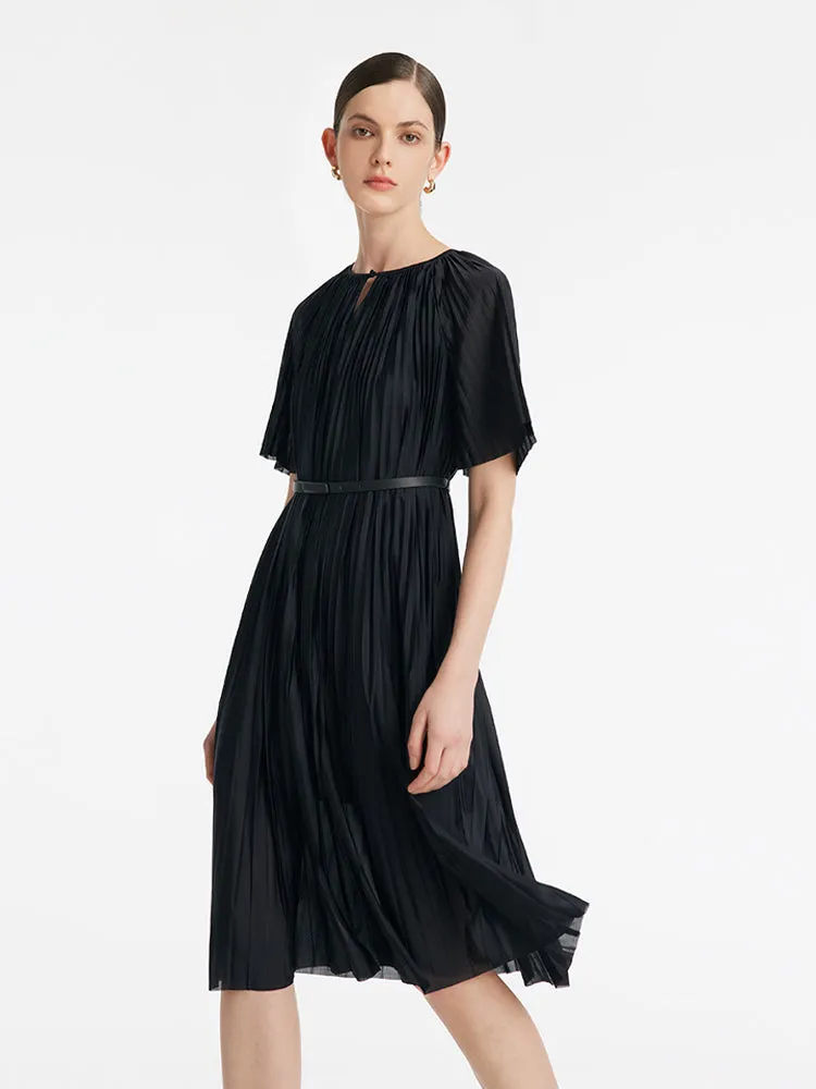 Pleated Round Neck Women Midi Dress With Leather Belt sold by Goelia product image thumbnail 3