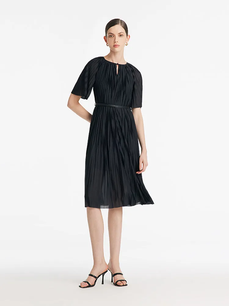 Pleated Round Neck Women Midi Dress With Leather Belt sold by Goelia product image thumbnail 2