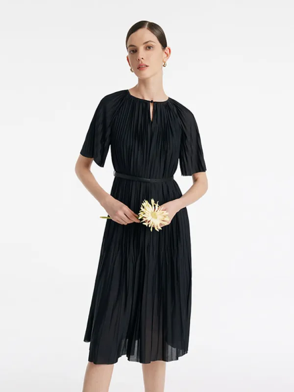Pleated Round Neck Women Midi Dress With Leather Belt sold by Goelia
