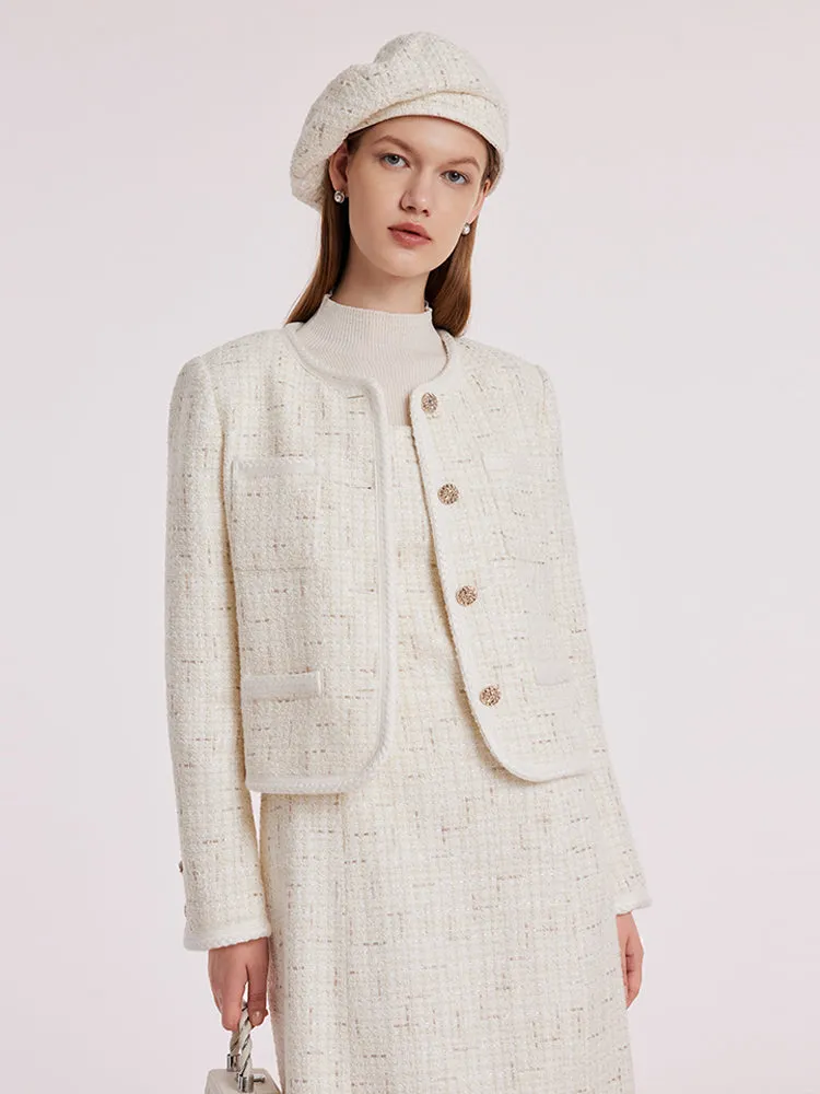 White Knitted Tweed Crop Jacket sold by Goelia