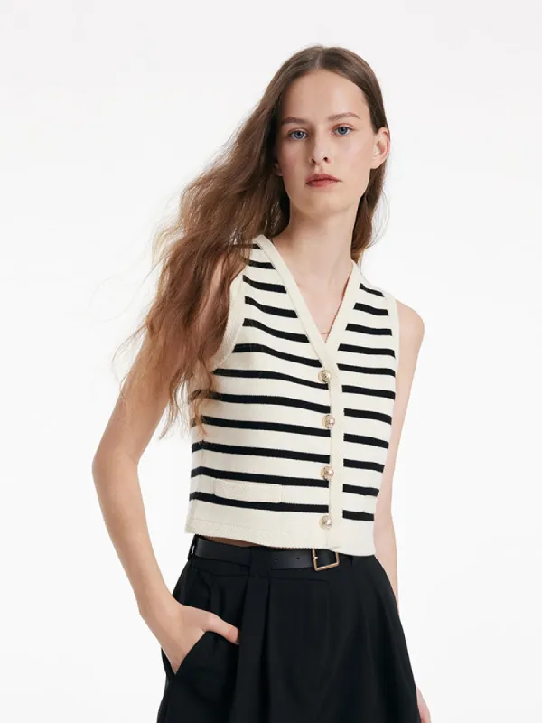 Knit Striped V-Neck Vest Cardigan sold by Goelia
