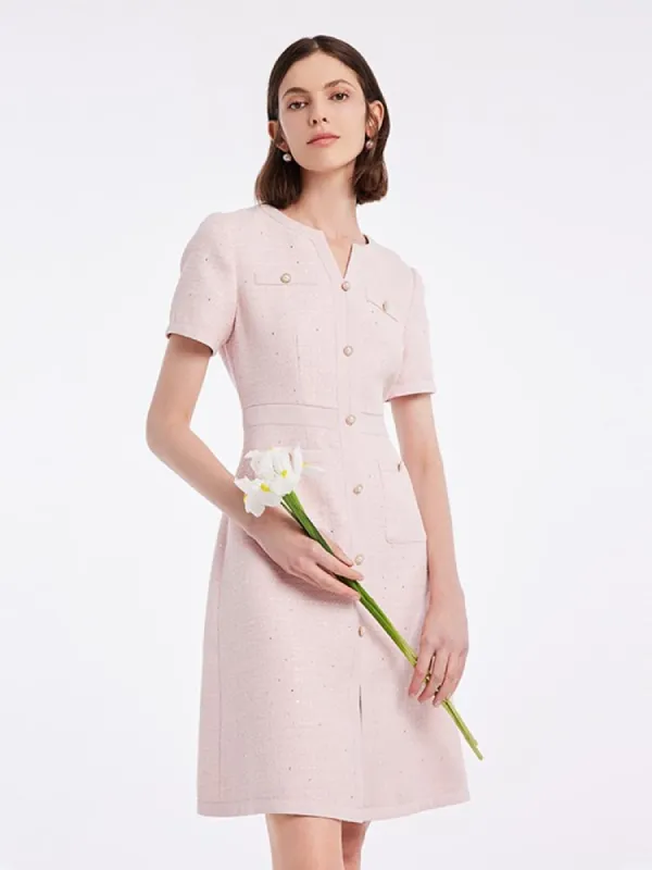 Gathered Waist Single-Breasted Sequins Tweed Mini Dress With Patch Pockets sold by Goelia
