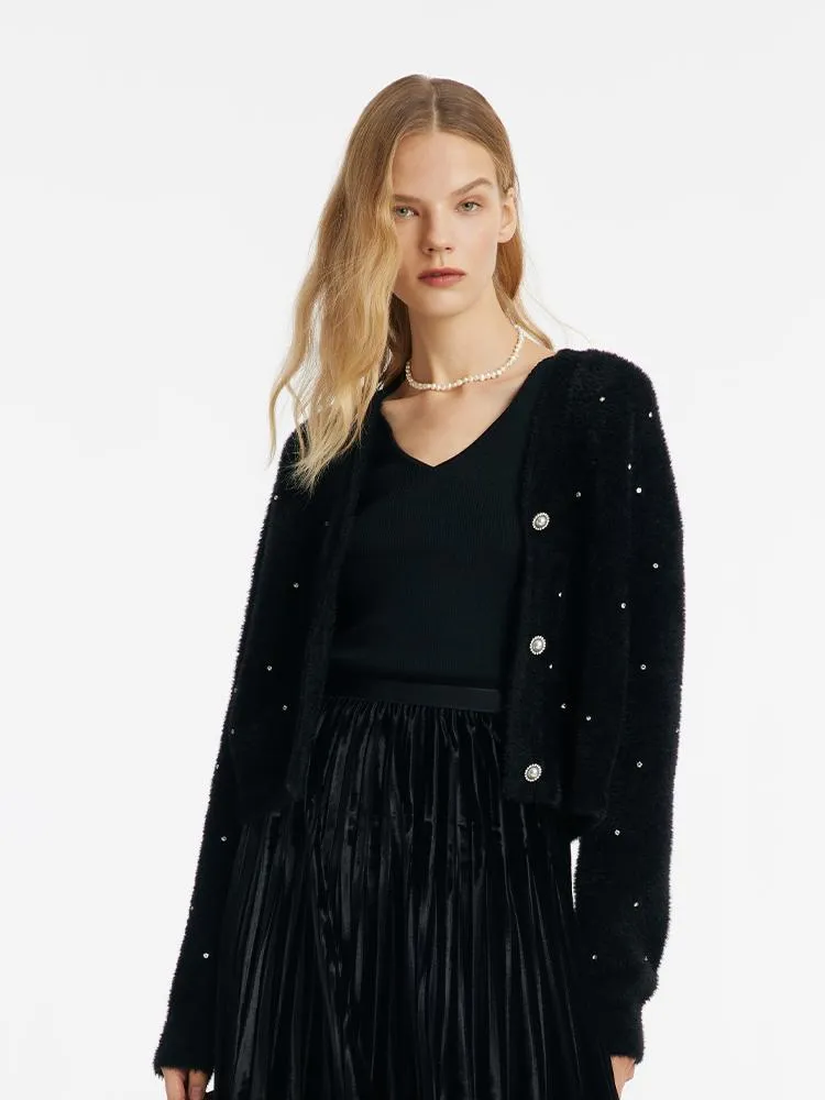 Black V-Neck Rhinestone Knitted Women Cardigan sold by Goelia product image thumbnail 5