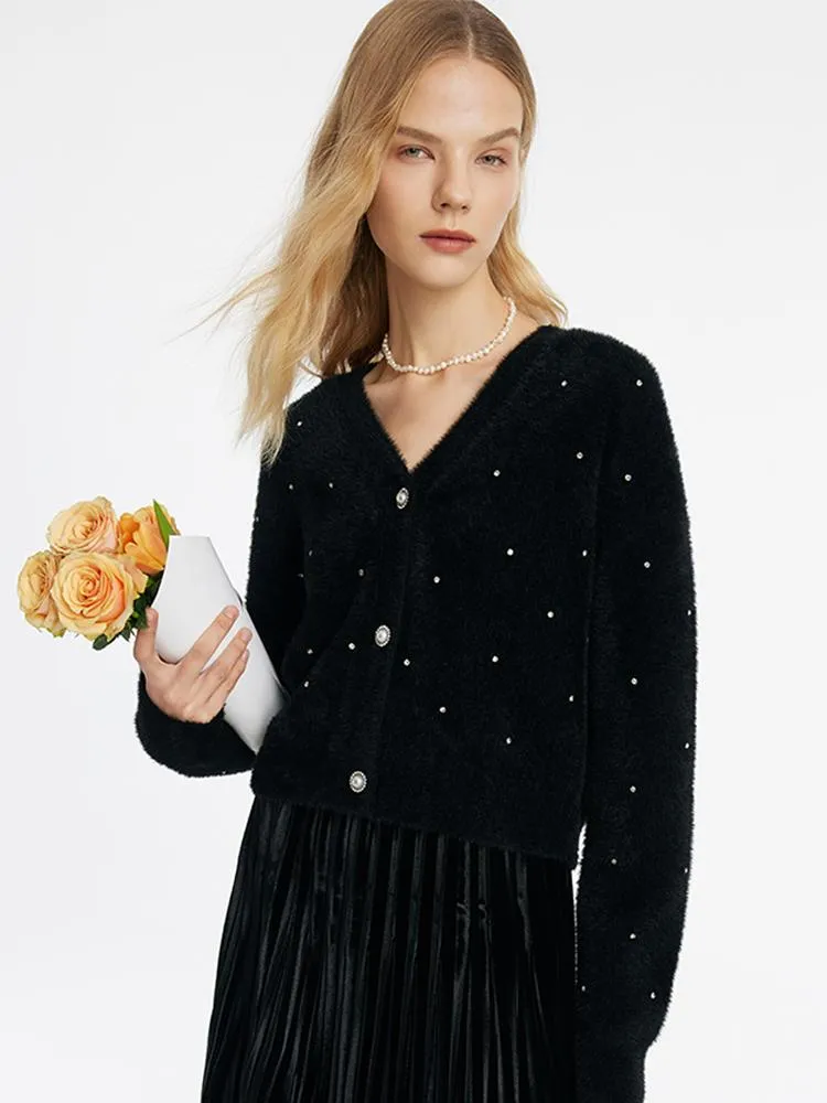 Black V-Neck Rhinestone Knitted Women Cardigan sold by Goelia