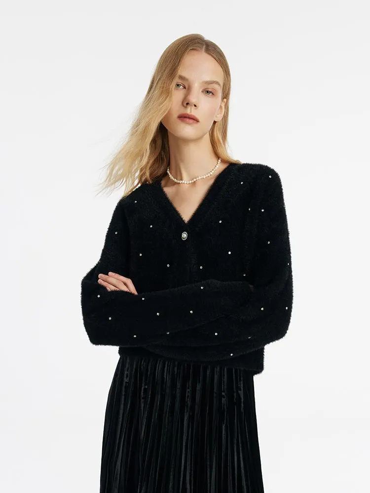 Black V-Neck Rhinestone Knitted Women Cardigan sold by Goelia product image thumbnail 4