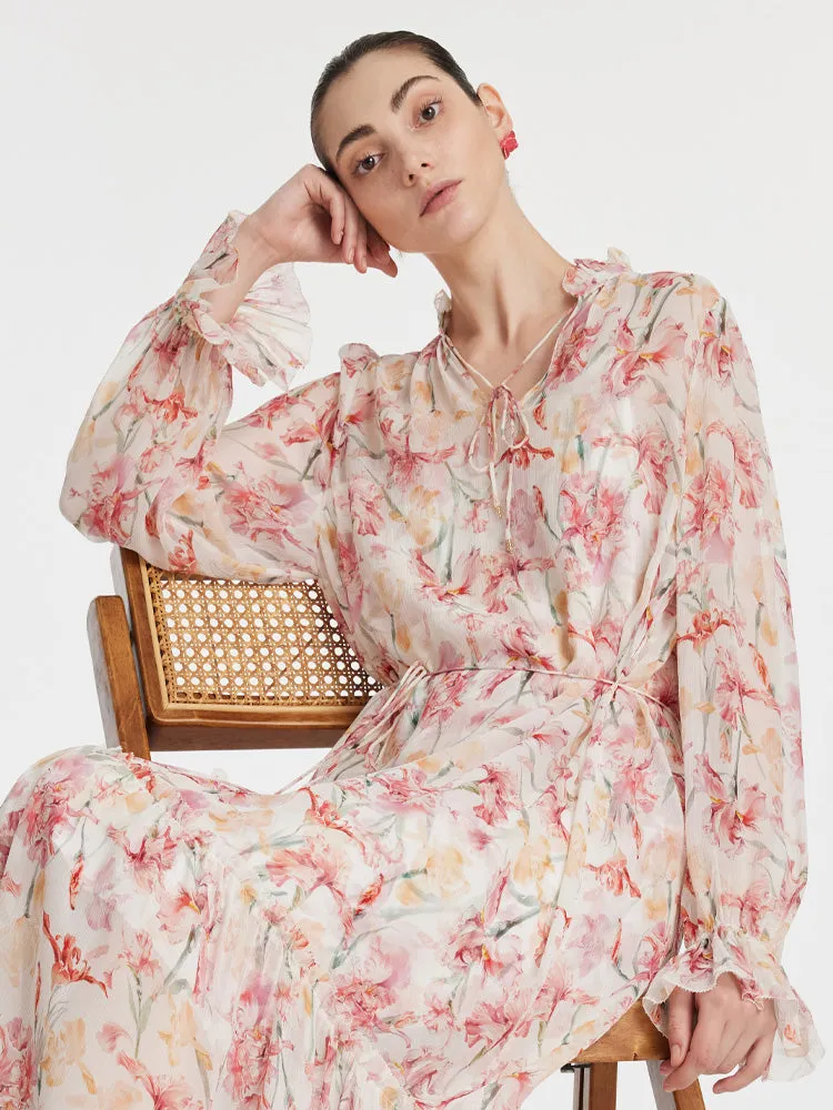 10 Momme Mulberry Silk Iris Printed Lantern Sleeves Women Maxi Dress sold by Goelia