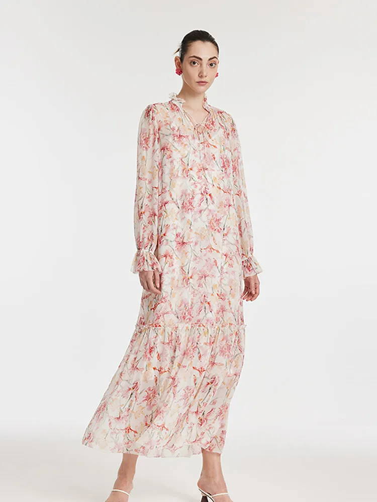 10 Momme Mulberry Silk Iris Printed Lantern Sleeves Women Maxi Dress sold by Goelia product image thumbnail 5