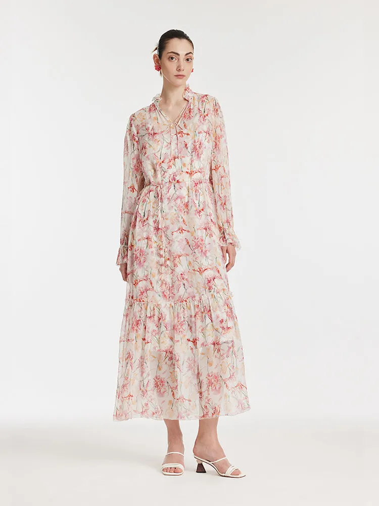 10 Momme Mulberry Silk Iris Printed Lantern Sleeves Women Maxi Dress sold by Goelia product image thumbnail 2