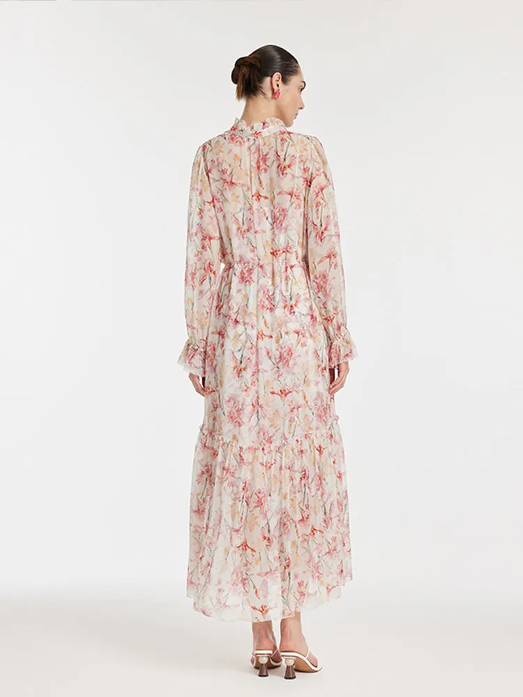 10 Momme Mulberry Silk Iris Printed Lantern Sleeves Women Maxi Dress sold by Goelia product image thumbnail 3
