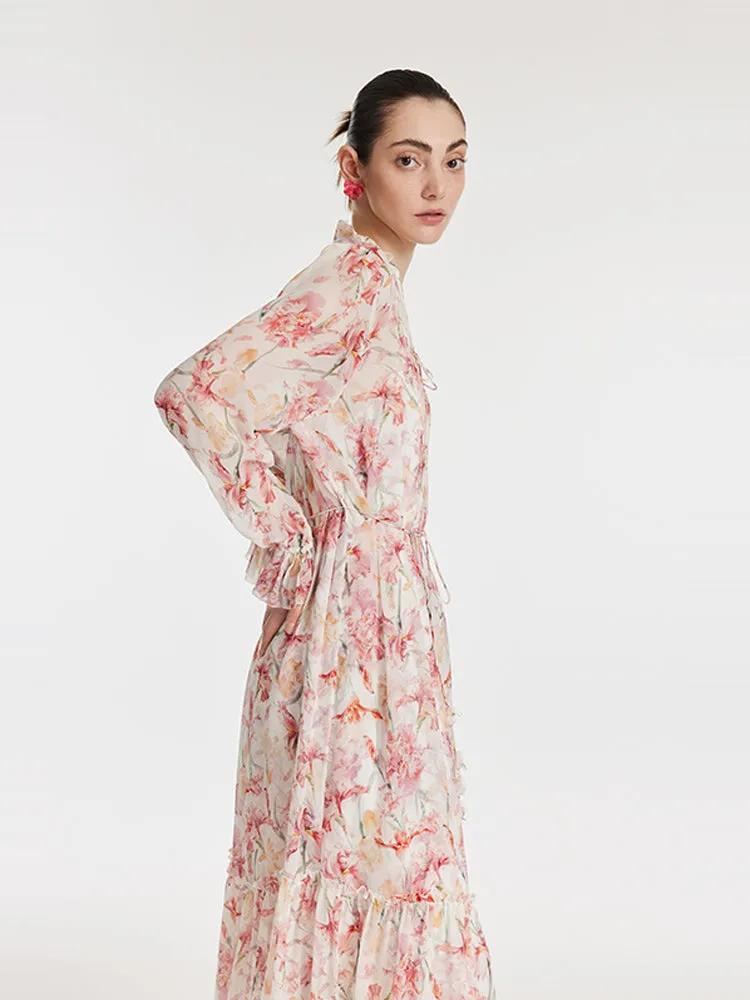 10 Momme Mulberry Silk Iris Printed Lantern Sleeves Women Maxi Dress sold by Goelia product image thumbnail 4