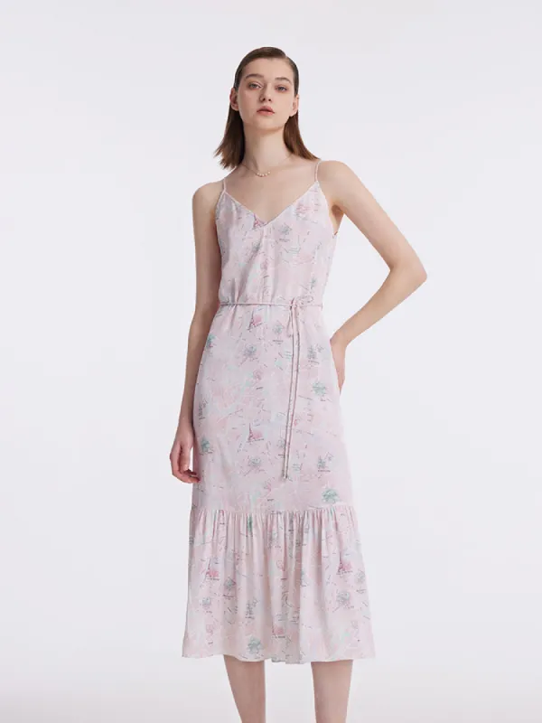 19 Momme Mulberry Silk Map Print Women Midi Dress With Belt sold by Goelia