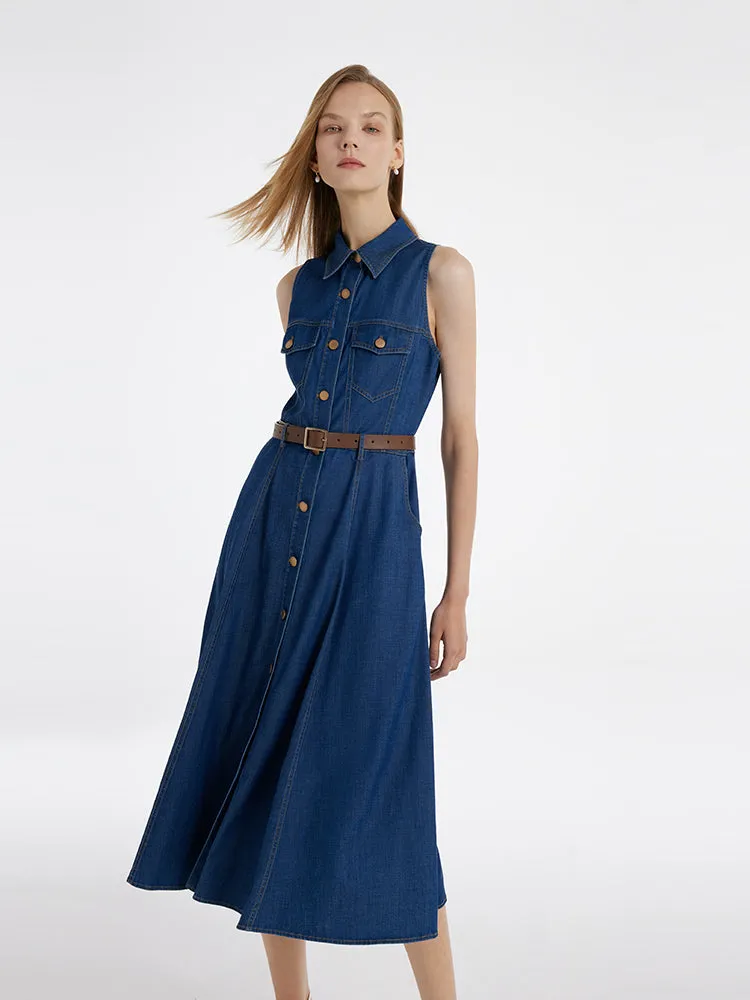 Denim Lapel Women Midi Vest Dress With Belt sold by Goelia product image thumbnail 4
